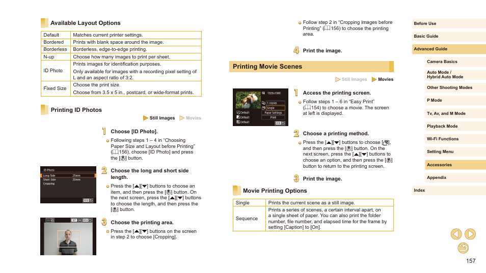 Available layout options, Printing id photos, Printing movie scenes | Movie printing options | Canon EOS M10 User Manual | Page 157 / 196