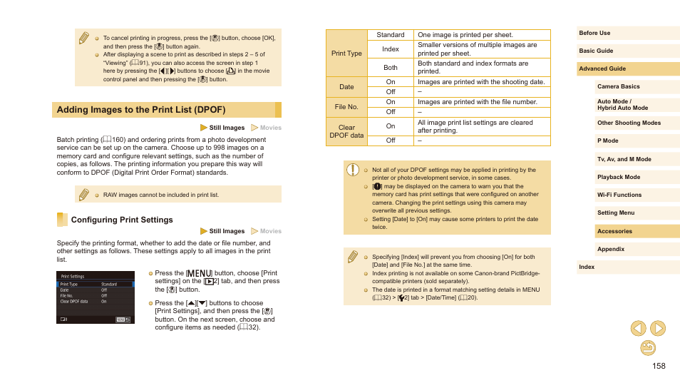 Adding images to the print list (dpof), Configuring print settings, 158), or | Canon EOS M10 User Manual | Page 158 / 196