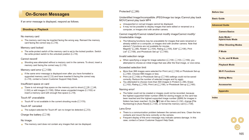 On-screen messages | Canon EOS M10 User Manual | Page 165 / 196