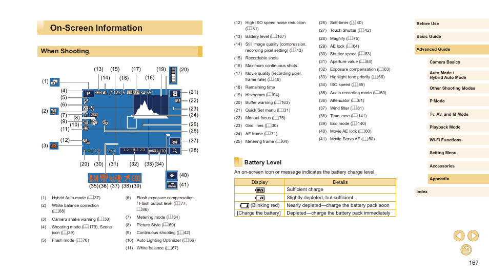 On-screen information, When shooting, Battery level | 167). it is not shown when 10 or more, 167) is displayed and shooting stops | Canon EOS M10 User Manual | Page 167 / 196
