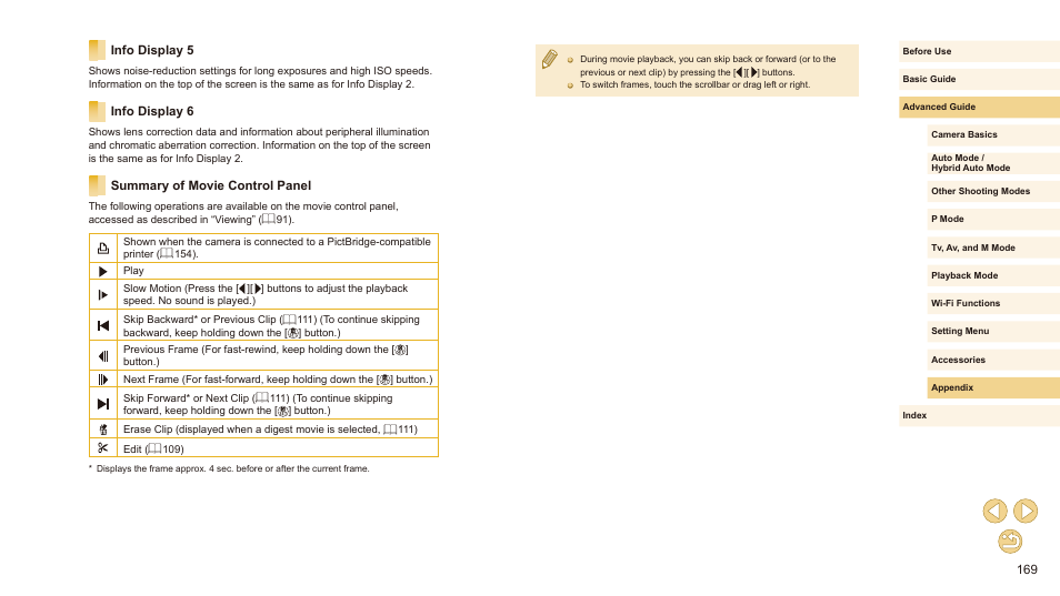 Info display 5, Info display 6, Summary of movie control panel | Canon EOS M10 User Manual | Page 169 / 196