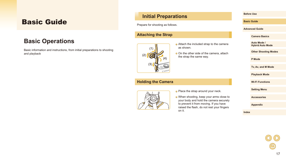 Basic guide, Basic operations, Initial preparations | Attaching the strap holding the camera, Attaching the strap, Holding the camera | Canon EOS M10 User Manual | Page 17 / 196