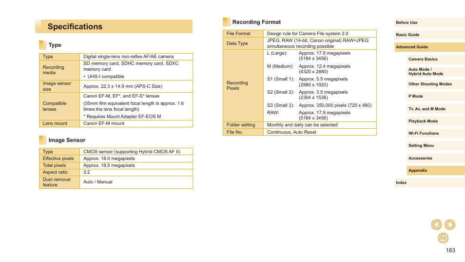 Specifications, Type image sensor recording format | Canon EOS M10 User Manual | Page 183 / 196