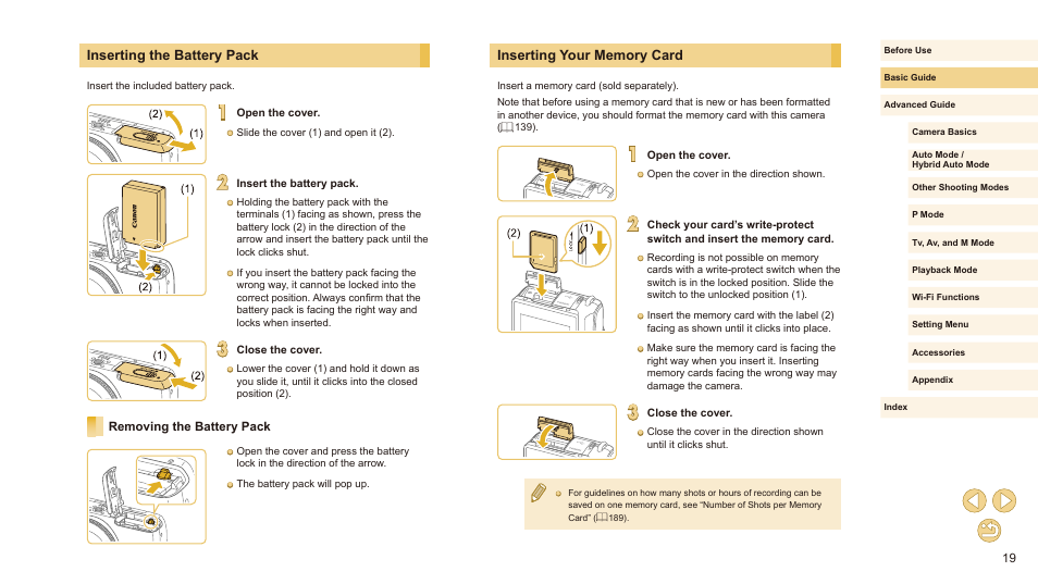 Inserting the battery pack, Removing the battery pack, Inserting your memory card | Canon EOS M10 User Manual | Page 19 / 196