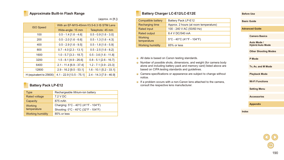 Approximate built-in flash range, Battery pack lp-e12 battery charger lc-e12/lc-e12e, Flash range” (= 190) | Canon EOS M10 User Manual | Page 190 / 196