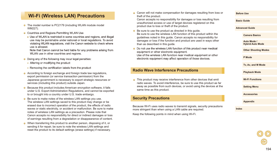 Wi-fi (wireless lan) precautions, Radio wave interference precautions, Security precautions | Canon EOS M10 User Manual | Page 194 / 196