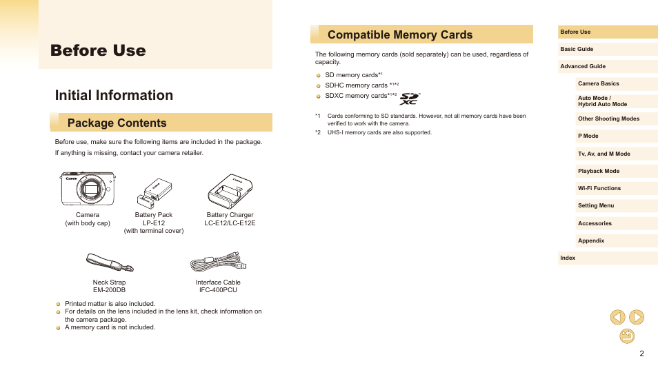 Before use, Initial information, Package contents | Canon EOS M10 User Manual | Page 2 / 196