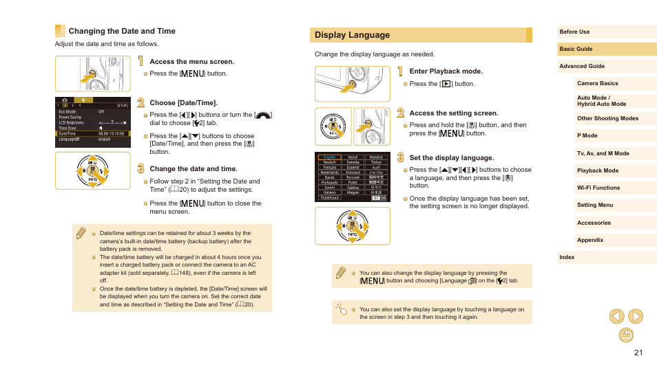 Changing the date and time, Display language | Canon EOS M10 User Manual | Page 21 / 196