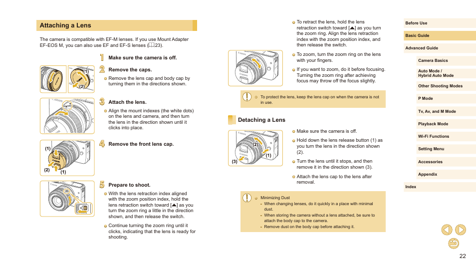 Attaching a lens, Detaching a lens | Canon EOS M10 User Manual | Page 22 / 196