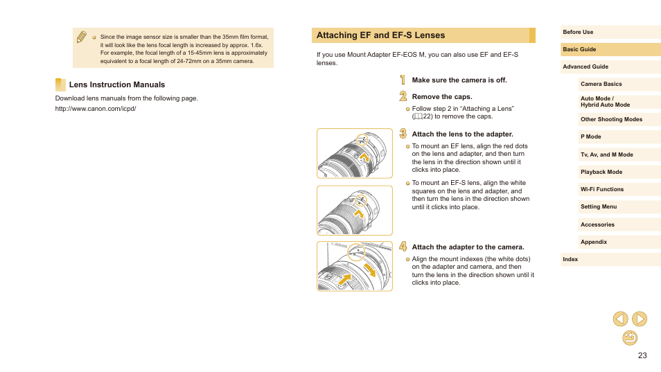 Lens instruction manuals, Attaching ef and ef-s lenses | Canon EOS M10 User Manual | Page 23 / 196