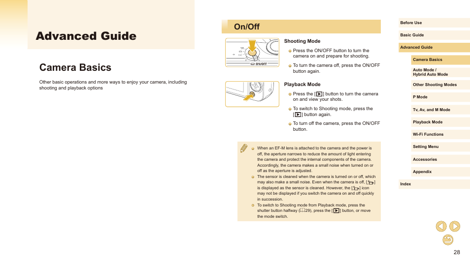 Advanced guide, Camera basics, On/off | Canon EOS M10 User Manual | Page 28 / 196
