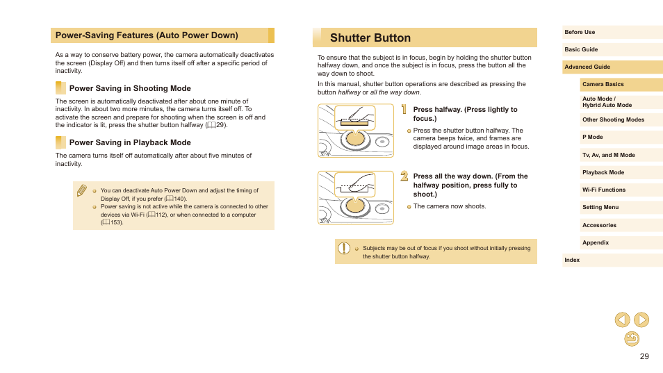 Power-saving features (auto power down), Shutter button | Canon EOS M10 User Manual | Page 29 / 196