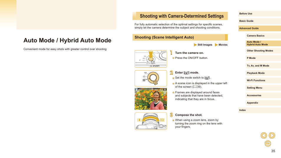 Auto mode / hybrid auto mode, Shooting with camera-determined settings, Shooting (scene intelligent auto) | Canon EOS M10 User Manual | Page 35 / 196