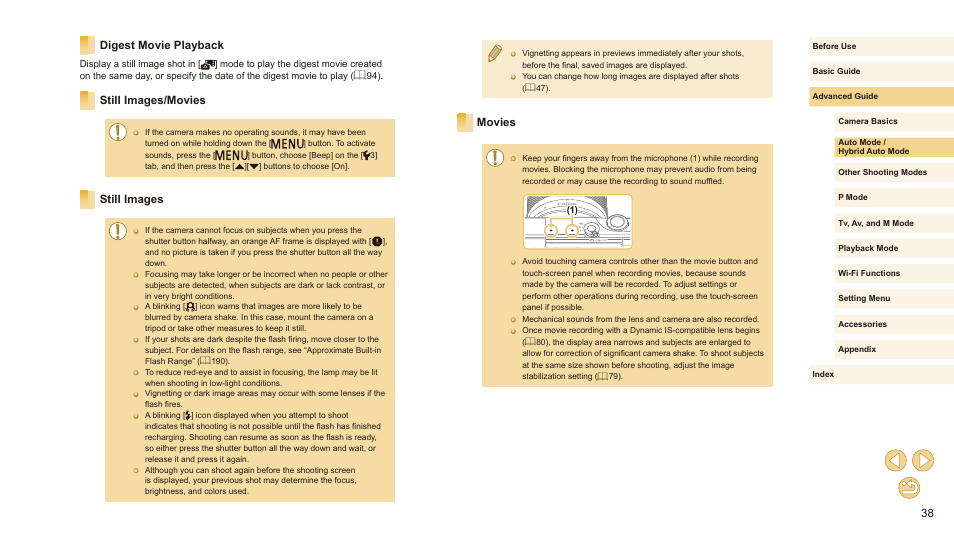 Movies, Digest movie playback, Still images/movies | Still images | Canon EOS M10 User Manual | Page 38 / 196