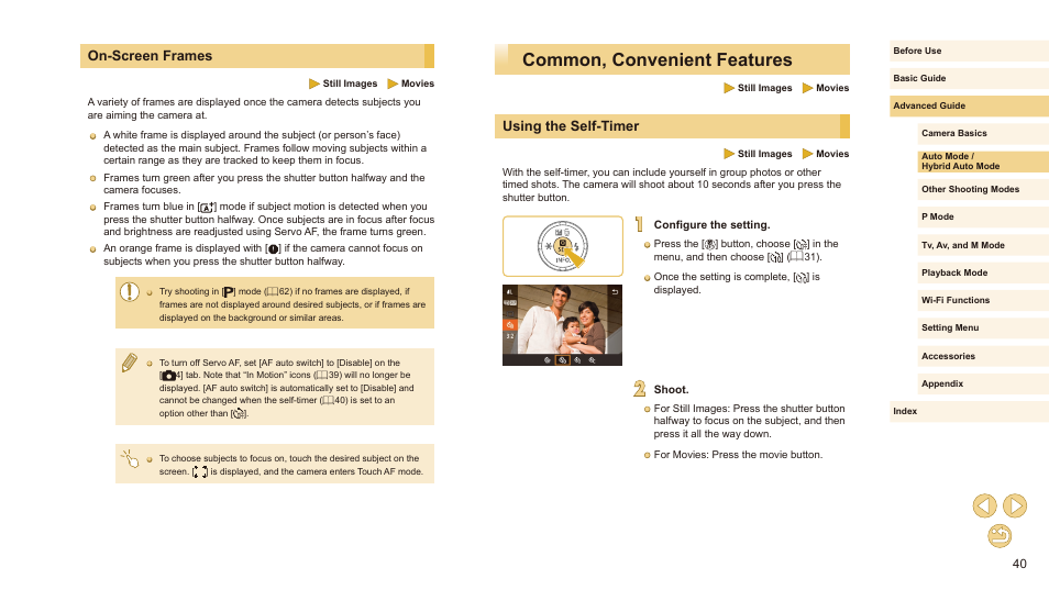 On-screen frames, Common, convenient features, Using the self-timer | 40) or in | Canon EOS M10 User Manual | Page 40 / 196