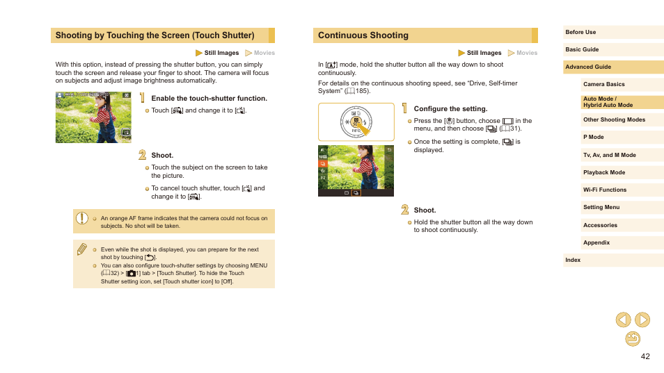 Continuous shooting, Shooting by touching the screen (touch shutter) | Canon EOS M10 User Manual | Page 42 / 196