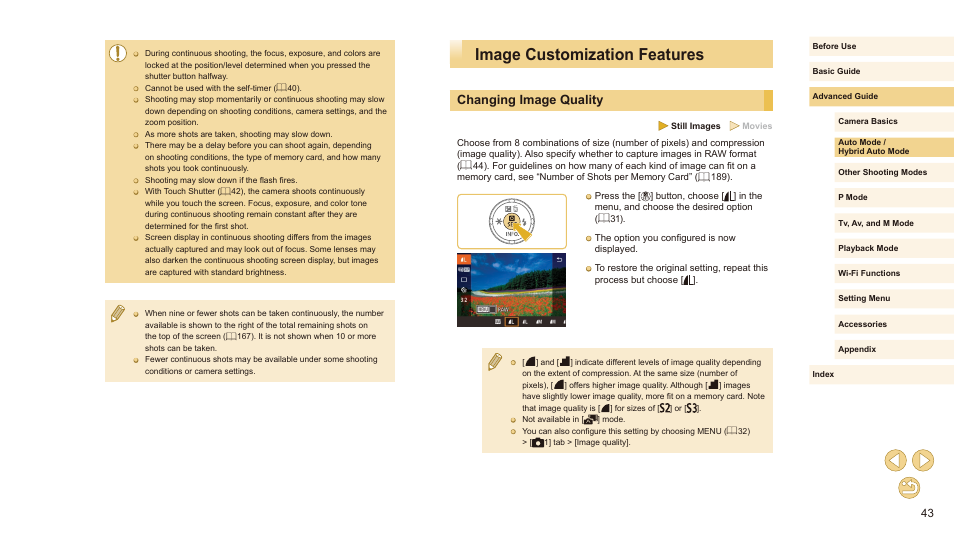 Image customization features, Changing image quality | Canon EOS M10 User Manual | Page 43 / 196
