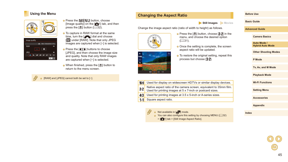 Using the menu, Changing the aspect ratio | Canon EOS M10 User Manual | Page 45 / 196