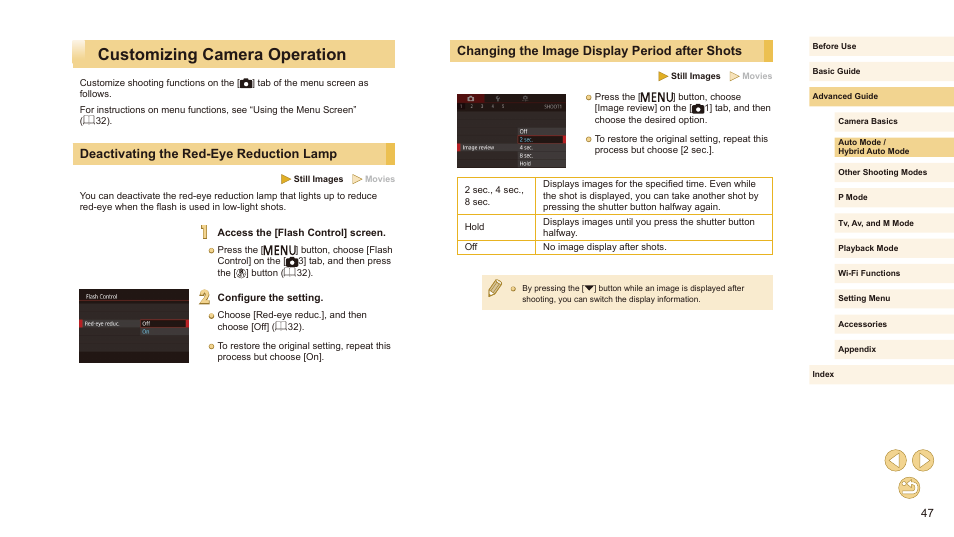 Customizing camera operation, Changing the image display period after shots, Deactivating the red-eye reduction lamp | Canon EOS M10 User Manual | Page 47 / 196