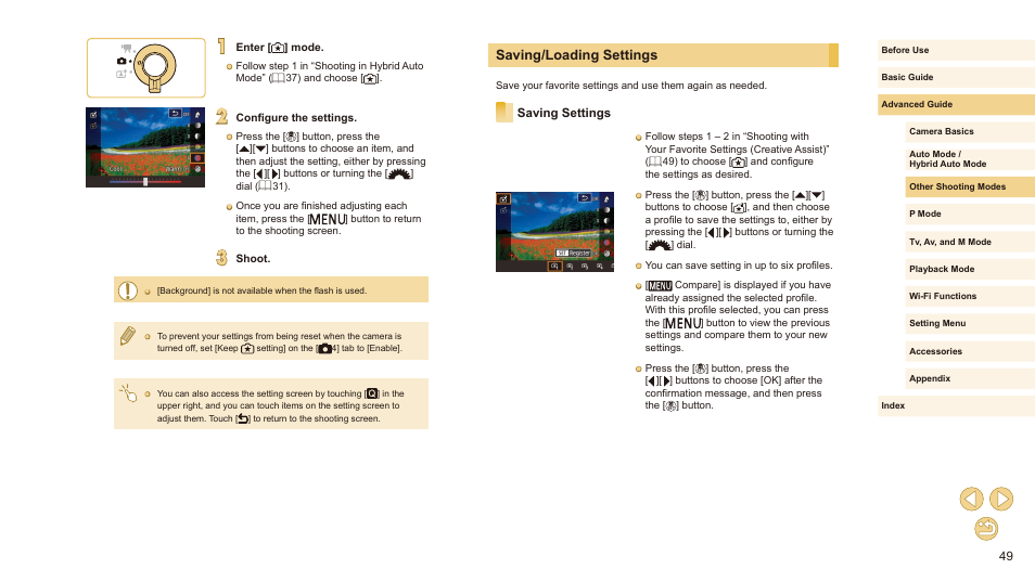 Saving/loading settings, Saving settings | Canon EOS M10 User Manual | Page 49 / 196