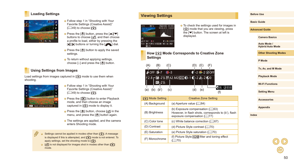 Loading settings using settings from images, Viewing settings, How [ ] mode corresponds to creative zone settings | Canon EOS M10 User Manual | Page 50 / 196