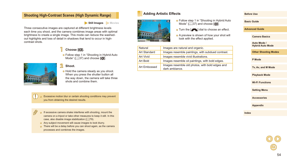 Shooting high-contrast scenes (high dynamic range), Adding artistic effects | Canon EOS M10 User Manual | Page 54 / 196