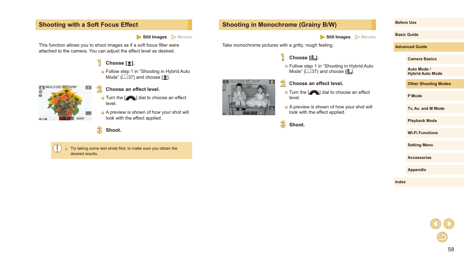 Shooting in monochrome (grainy b/w), Shooting with a soft focus effect | Canon EOS M10 User Manual | Page 58 / 196