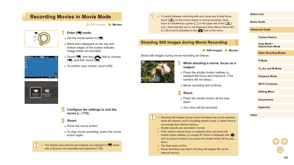 Recording movies in movie mode, Shooting still images during movie recording | Canon EOS M10 User Manual | Page 59 / 196