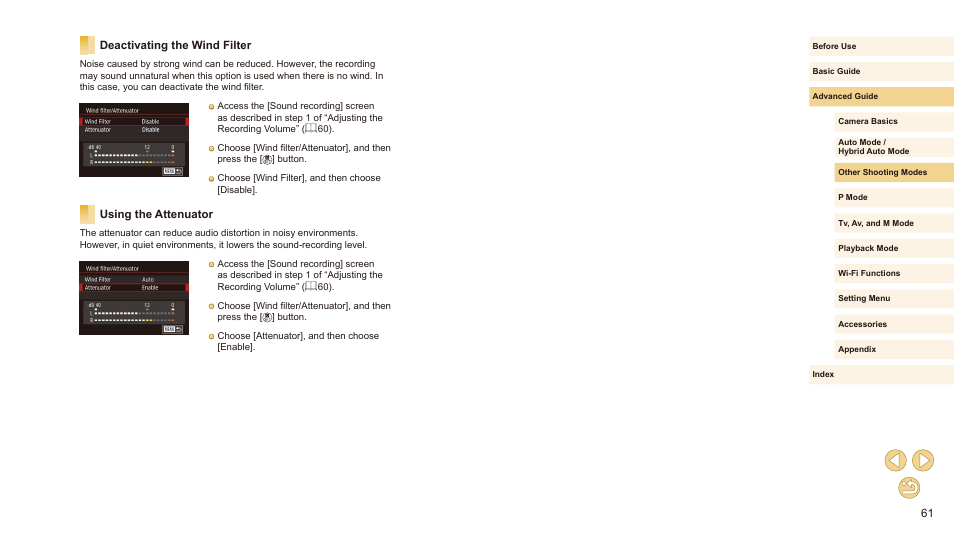 Deactivating the wind filter using the attenuator | Canon EOS M10 User Manual | Page 61 / 196