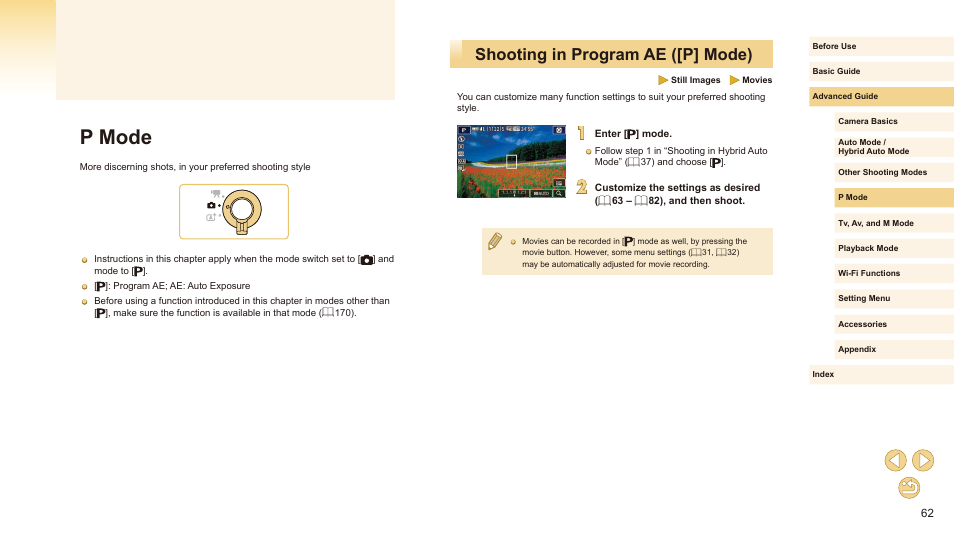P mode, Shooting in program ae ([p] mode), Mode (= 62) if the scene icon does not | 62) if no frames are displayed, if | Canon EOS M10 User Manual | Page 62 / 196