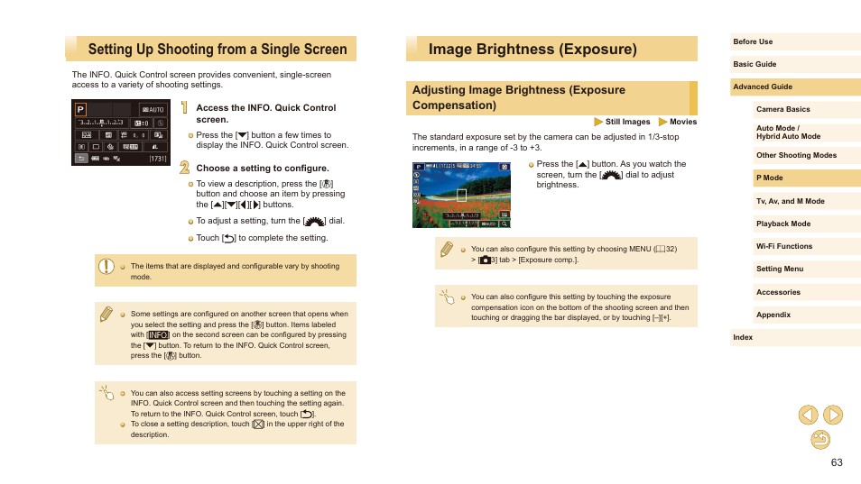 Adjusting image brightness (exposure compensation), B) exposure compensation, Image brightness (exposure) | Setting up shooting from a single screen | Canon EOS M10 User Manual | Page 63 / 196
