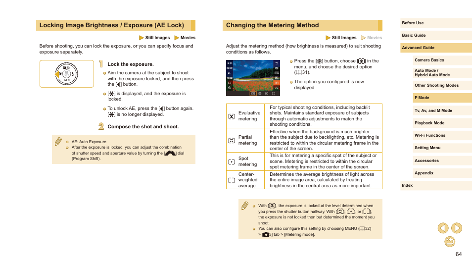 Changing the metering method, Locking image brightness / exposure (ae lock) | Canon EOS M10 User Manual | Page 64 / 196