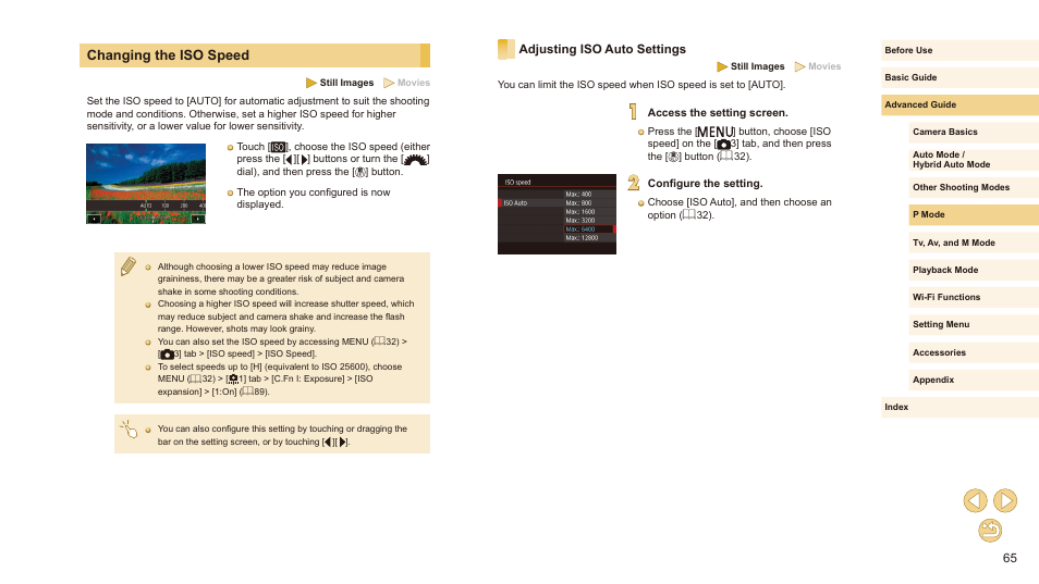 Changing the iso speed, Adjusting iso auto settings | Canon EOS M10 User Manual | Page 65 / 196