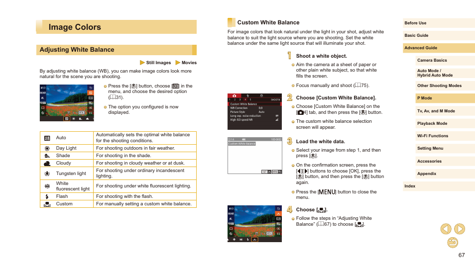 Image colors, Adjusting white balance, Custom white balance | Canon EOS M10 User Manual | Page 67 / 196