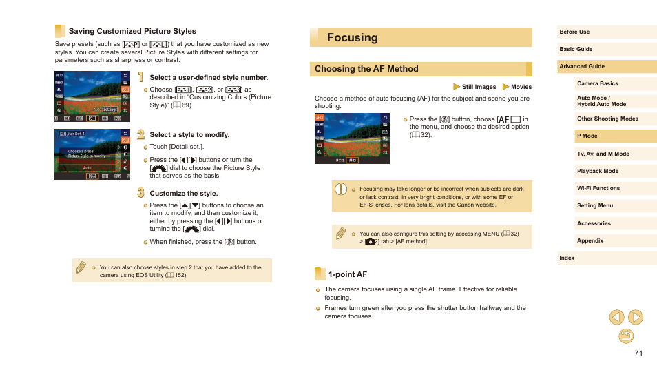 Saving customized picture styles, Focusing, Choosing the af method | Point af | Canon EOS M10 User Manual | Page 71 / 196
