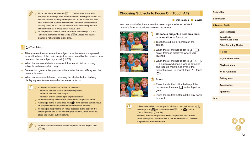 Tracking, Choosing subjects to focus on (touch af) | Canon EOS M10 User Manual | Page 72 / 196