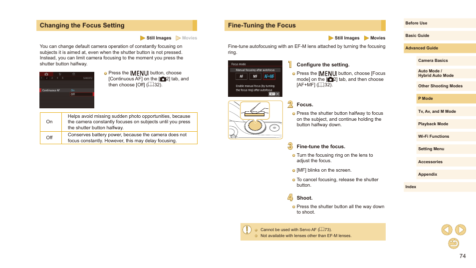 Changing the focus setting fine-tuning the focus, Fine-tuning the focus, Changing the focus setting | Canon EOS M10 User Manual | Page 74 / 196