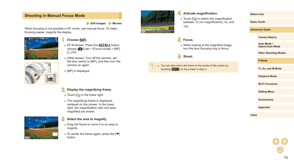 Shooting in manual focus mode, 75). note that | Canon EOS M10 User Manual | Page 75 / 196