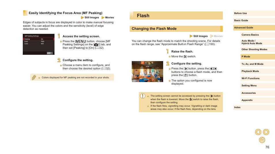Easily identifying the focus area (mf peaking), Flash, Changing the flash mode | Canon EOS M10 User Manual | Page 76 / 196