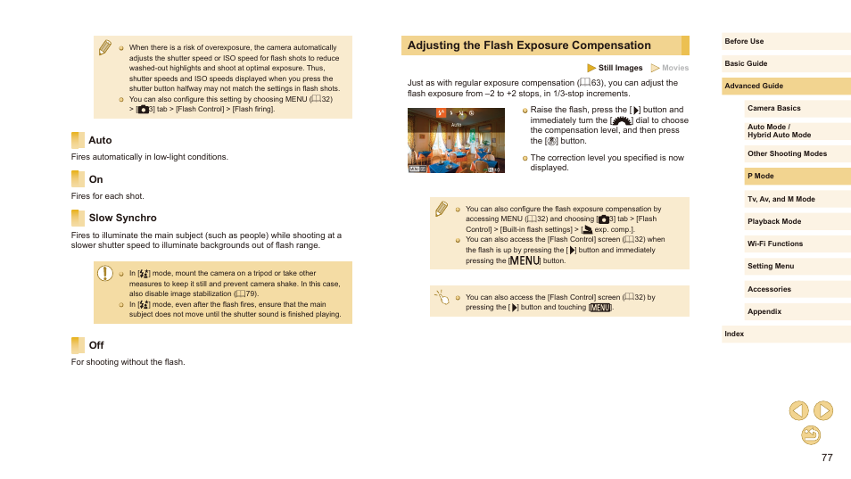 Auto on slow synchro off, Adjusting the flash exposure compensation, Exposure compensation | Auto, Slow synchro | Canon EOS M10 User Manual | Page 77 / 196