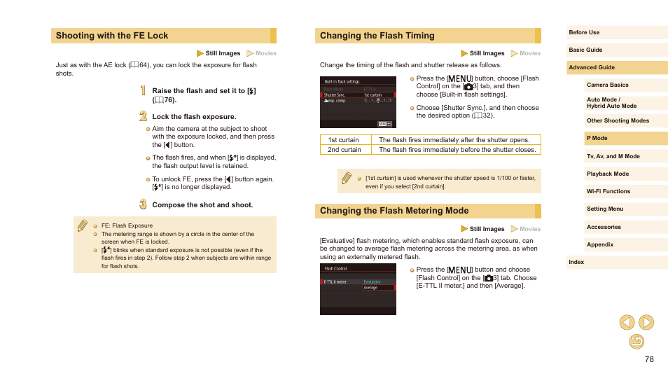 Changing the flash timing, Changing the flash metering mode, Shooting with the fe lock | Canon EOS M10 User Manual | Page 78 / 196