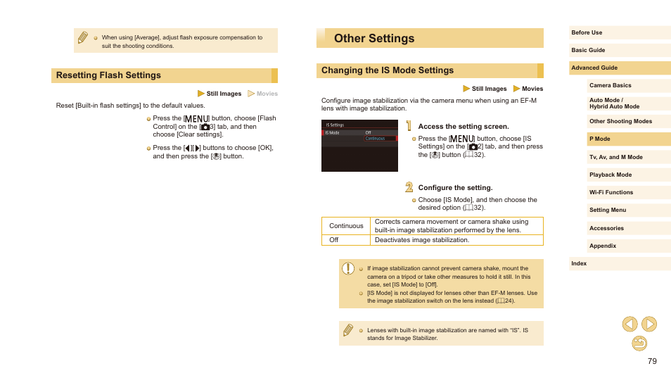 Resetting flash settings, Other settings, Changing the is mode settings | Canon EOS M10 User Manual | Page 79 / 196