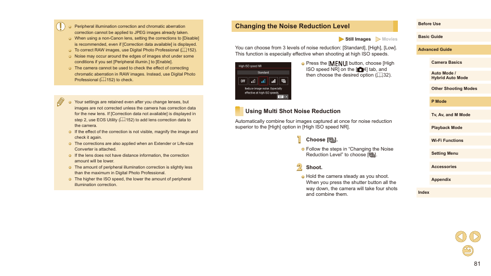 Changing the noise reduction level, Using multi shot noise reduction | Canon EOS M10 User Manual | Page 81 / 196