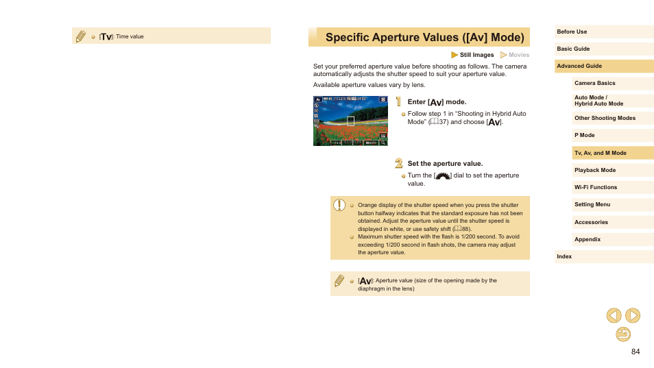 Specific aperture values ([av] mode), Aperture value | Canon EOS M10 User Manual | Page 84 / 196