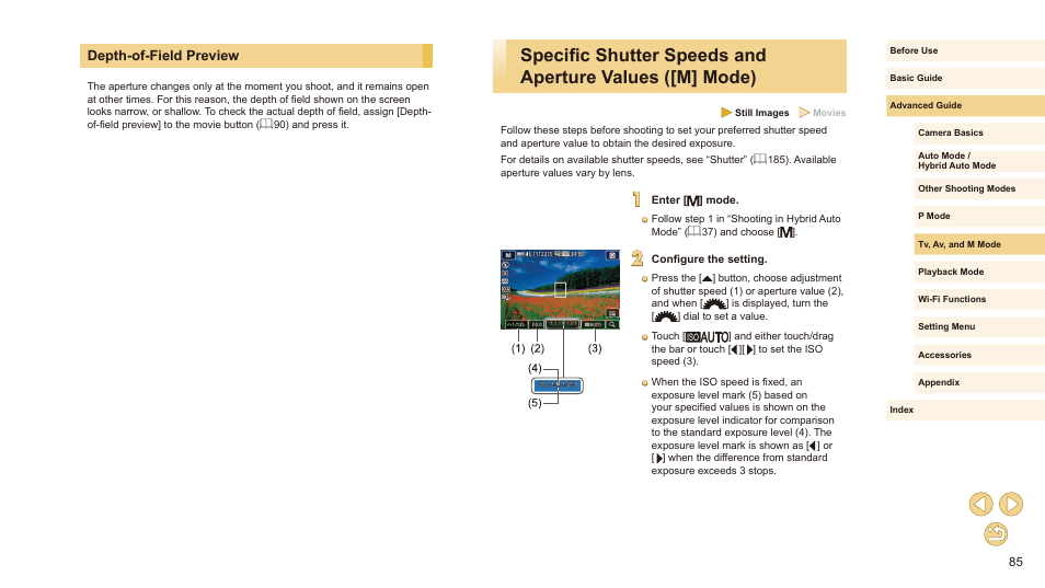 Depth-of-field preview, 85), or connecting/transmitting via wi-fi | Canon EOS M10 User Manual | Page 85 / 196