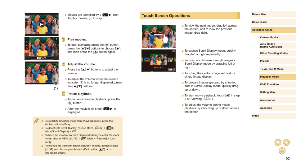 Touch-screen operations | Canon EOS M10 User Manual | Page 92 / 196