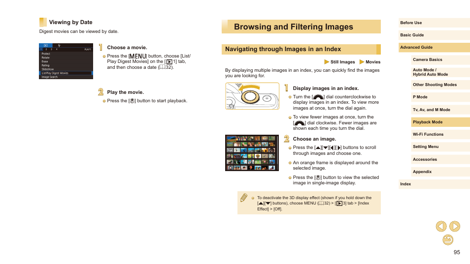 Viewing by date, Browsing and filtering images, Navigating through images in an index | Canon EOS M10 User Manual | Page 95 / 196