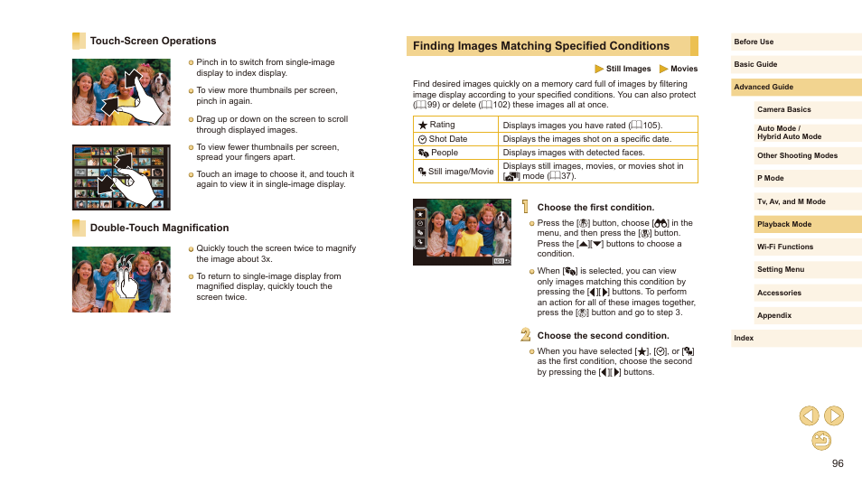 Touch-screen operations double-touch magnification, Finding images matching specified conditions | Canon EOS M10 User Manual | Page 96 / 196