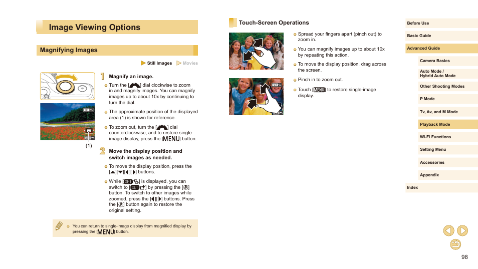 Image viewing options, Magnifying images, Touch-screen operations | Images” (= 98), and “v | Canon EOS M10 User Manual | Page 98 / 196