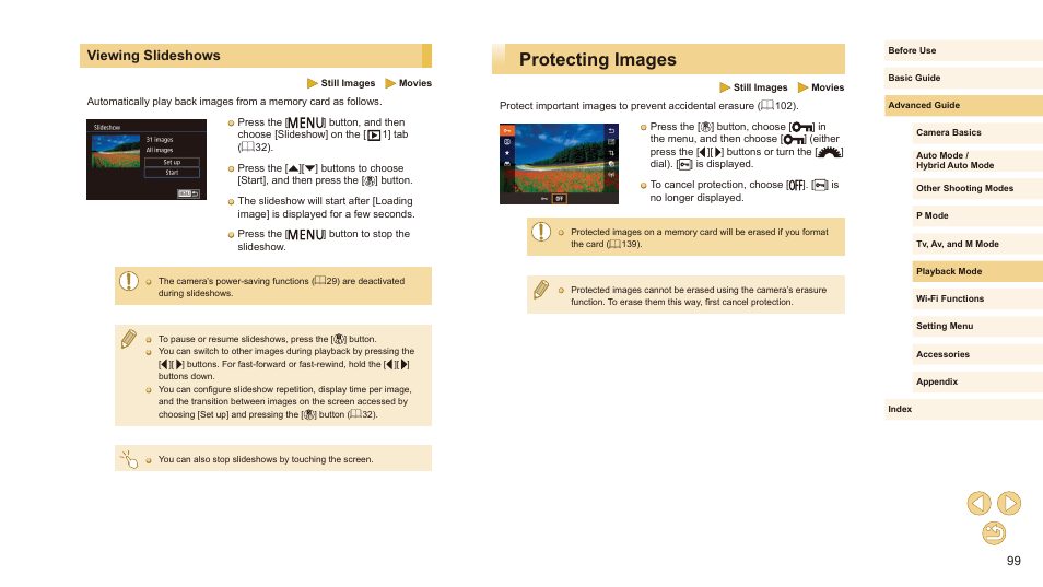 Viewing slideshows, Protecting images, 99) or delete | Iewing slideshows” (= 99). y | Canon EOS M10 User Manual | Page 99 / 196